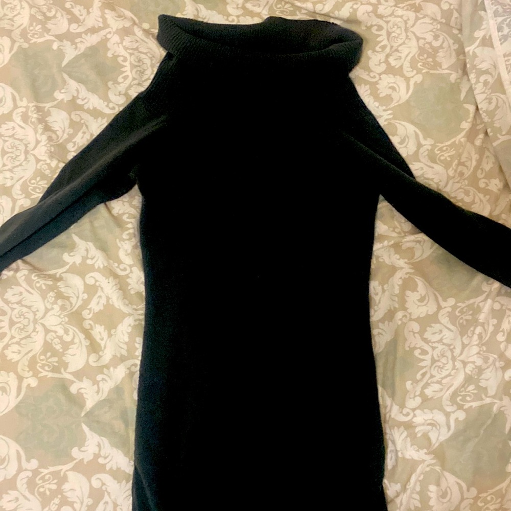 Grey sweater dress of the shoulder